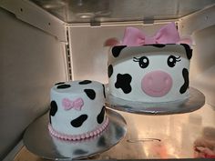 two cakes decorated to look like cows with pink bows on their heads are sitting in an open refrigerator