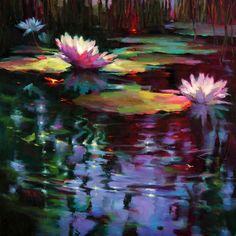 a painting of water lilies in a pond