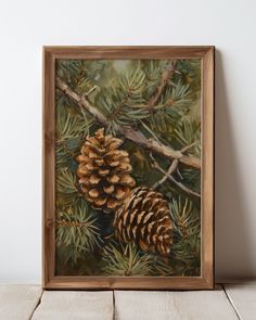 an oil painting of pine cones and branches