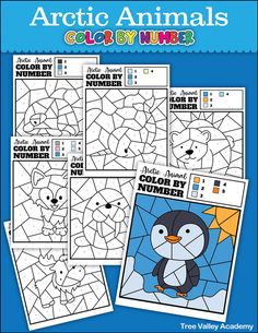 the arctic animals color by number book is shown with pictures of penguins and polar bears