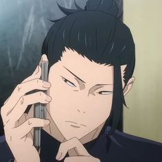 an anime character holding a cell phone to his ear and looking at the camera with one hand