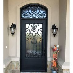 single door with aquatex glass and beautiful scrollwork Wrought Iron Entry Doors Single, Iron Front Door Single, Single Exterior Door, Single Exterior Doors, Arched Transom, Door Sidelights, Wrought Iron Entry Doors, Iron Front Door, Steel Entry Doors