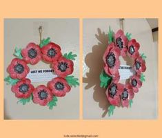 two pictures of poppy wreaths hanging on the wall, one is made out of paper