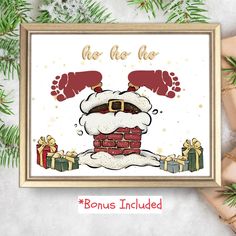 a christmas card with santa clause on it and presents in front of the greetings