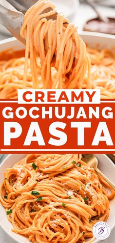 creamy gochujuang pasta is served in a white bowl with a red sign that reads, creamy gochujuang pasta