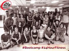 a group of people posing for a photo in a gym with the caption boot camp 24 hour fitness