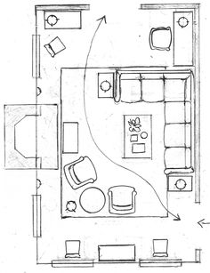 a drawing of a living room with couches, tables and other furniture in it