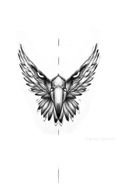 a black and white drawing of a bird with wings on it's back side