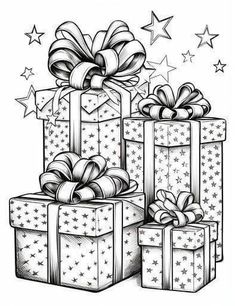 three wrapped presents with bows and stars around the top one is drawn in black ink