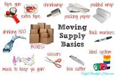 the words moving supply basics written on a whiteboard with various items labeled in it