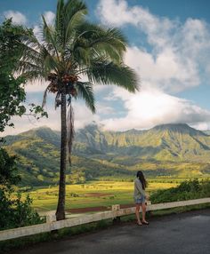 a woman standing on the side of a road next to a palm tree and mountains