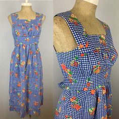 "Vintage 70's Blue Checked Tie Back Dress With Garden Print  Home sewn No label Large front patch pockets  Cotton Blend  Good condition. Has a spots on the front (see photo). 34\" Bust: Armpit to armpit: 17-1/2\" Waist: 34\" untied  Shoulder strap to shoulder strap: 13-1/2\" Length from back collar: 42\"" Vintage Blue Dresses With Pockets, Blue Vintage Dresses With Pockets, Retro Blue Dress For Picnic, Vintage Blue Dress For Picnic, Blue Vintage Dress For Picnic, Hippie Cottagecore, Tie Back Dress, Garden Print, High Rise Mom Jeans