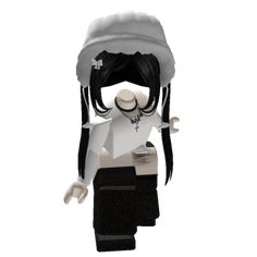 an animated girl with black hair wearing a white hat and black pants, standing in front of a white background