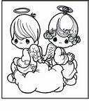 two little angels sitting on top of a cloud with an angel above them, one holding the