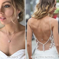 the back of a woman's wedding dress, and an image of her necklace