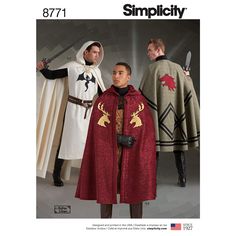 PRICES MAY VARY. Includes sewing template, sizing guidelines, and easy instructions to create (3) capes and (2) tabards. The capes and tabards of this cosplay sewing pattern are one size fits all. Fight for the throne in these fantasy cosplay costumes! When you've finished sewing your cape and tabard, customize your fantasy costume with a wolf, deer, or dragon applique. Simplicity 8771 medieval cosplay sewing pattern is proudly made in the USA with instructions available in English, Spanish, and Dragon Applique Pattern, Dragon Applique, Costume Chevalier, Cape Pattern Sewing, Ren Faire Costume, Costume Capes, Cape Costume, Cape Pattern, Knight Costume