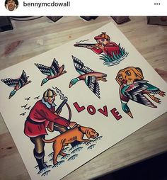 an image of a man with birds and dogs on his back, surrounded by other stickers