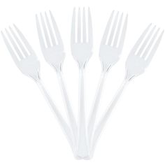 six forks are shown on a white background