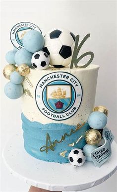 a cake decorated with soccer balls and other decorations