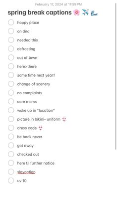 a printable spring break vacation checklist with the words spring break captions on it