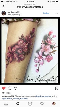 a woman's leg with pink flowers on it and the words cherry blossom tattoo