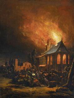 a painting of people in front of a burning church