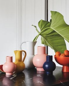 several different colored vases sitting on top of a table next to a large green leaf