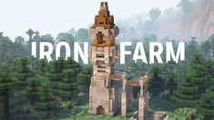 the iron farm logo is shown in front of an image of some trees and buildings