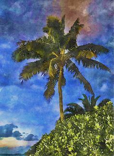 a painting of a palm tree on the beach