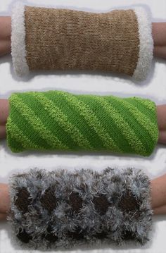 four different types of knitted arm warmers in various colors and sizes, all with fuzzy edges