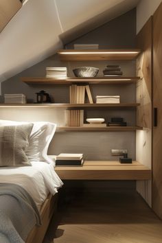 Modern bedroom with wooden shelves and a neatly made bed under a slanted ceiling. Bed Head With Shelf, Bedroom Shelf Decor Ideas, Shelving Above Bed, Bedroom Shelf Decor, Nightstand Alternative, Track Shelving, Recessed Wall Niche