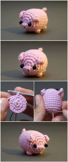 crocheted pink teddy bear sitting on top of a table