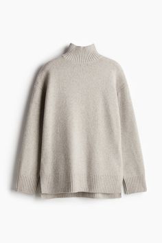 Oversized sweater in a soft knit with wool content. Rib-knit turtleneck with V-shaped opening at back of neck. Dropped shoulders  long  wide sleeves  and ribbing at cuffs and hem. High slits at sides of hem. Cream Oversized Sweater, Oversized Cable Knit Sweater, Oversized Knitted Jumper, Wide Sleeve Sweater, Purple Jumpers, Yellow Jumper, Bday Wishes, Chunky Turtleneck Sweater, Red Jumper