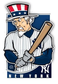 the new york yankees mascot is holding a baseball bat