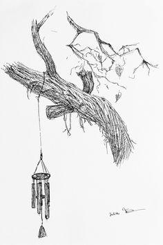 a drawing of a tree branch with a wind chime hanging from it