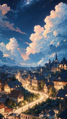 a painting of a city at night with clouds in the sky