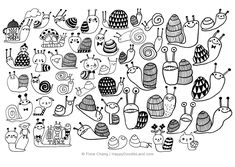 a drawing of many snails and snails with different colors, sizes and shapes on them