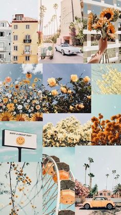 a collage of photos with flowers and buildings in the background, including an orange car