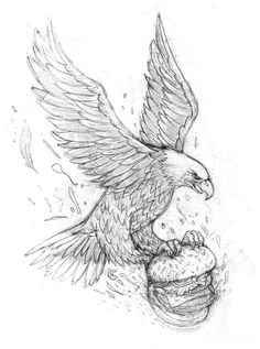 a drawing of an eagle flying over a burger