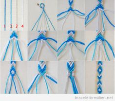 the instructions for making an ornament in blue and white thread, with pictures showing how to tie it together