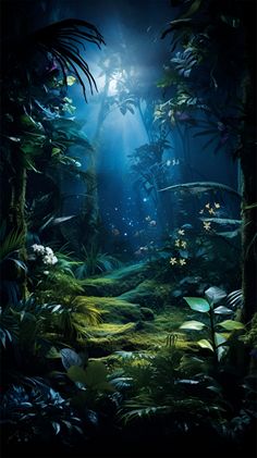 an image of a dark forest with light coming from the ceiling and plants growing on the ground