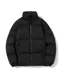 a black puffy jacket with zippers on the front and back, sitting against a white background