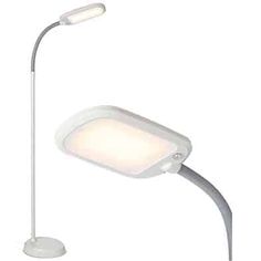 a white lamp with a dim light on the top and bottom of it's arm