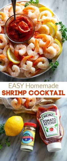 the shrimp cocktail is ready to be served with lemon wedges and ketchup