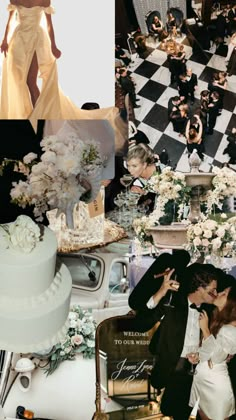 a collage of wedding photos with bride and groom in formal attire, flowers on cake