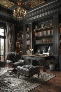 a living room filled with furniture and bookshelves