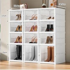 the shoe rack is white and has six pairs of shoes on top of each shelf