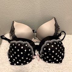 Silver Satin With Black Lace: Very Sexy Push-Up, Never Worn! Snap-Front Closure, Black Lace Racerback With Iridescent Crystals And Black Satin Bow Embellishments Black And White Polka Dots: Very Sexy Push-Up, Pink Bow And Scalloped Lace Embellishments. Some Pilling As Shown In Pictures, But Still In Good Condition! Both Size 34d B Mcbling Clothing, Bow Embellishments, Silver Bra, Lace Embellishments, Mcbling Fashion, Dream Fashion, Floral Bra, Printed Bras, Iridescent Crystal