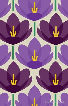 purple flowers with yellow stamens are on a gray and white background that is very similar to the same color scheme