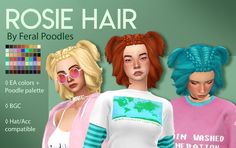 three different colored hair styles for females in various colors and sizes, with the text rose hair by feral poodles